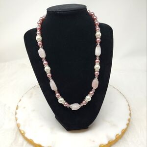 Rose quartz, metallic purple, pink & white faux pearl beaded necklace